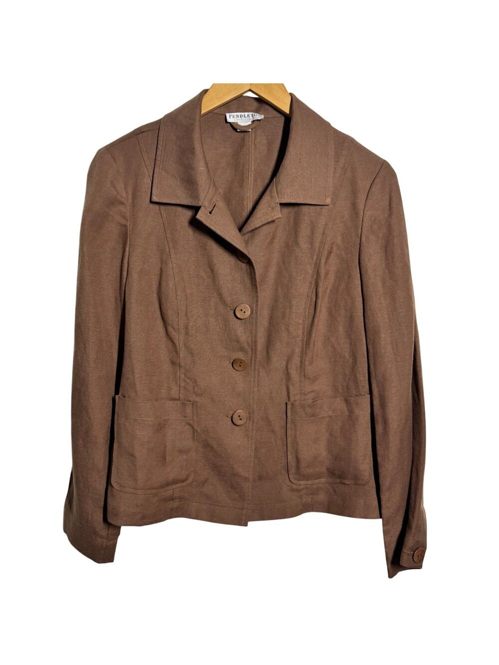 Pendleton Linen Blend Jacket Women M Chocolate Brown Button Up Pockets Minimal